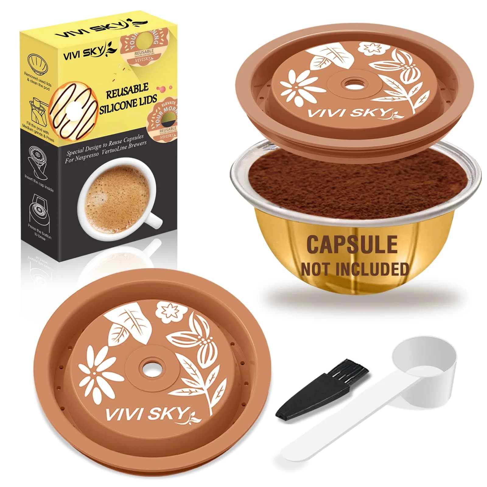 VIVI SKY Silicone Lids for Nespresso Vertuo Pods: 3 Pack Reusable Covers | Fits All Vertuo Pod Sizes — Brown