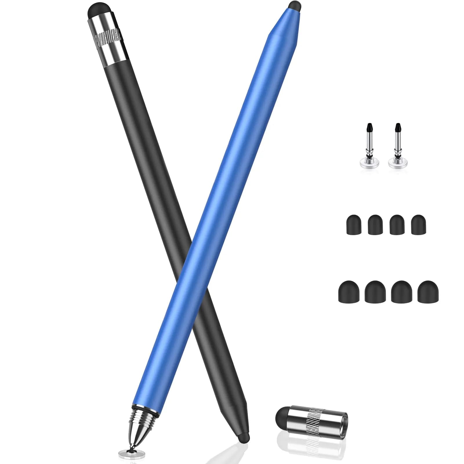 MEKO 3-in-1 Universal Stylus Pen with Disc Tip & Rubber Tips (2-Pack, Black/Blue) | Highly Sensitive & Accurate for Touchscreens