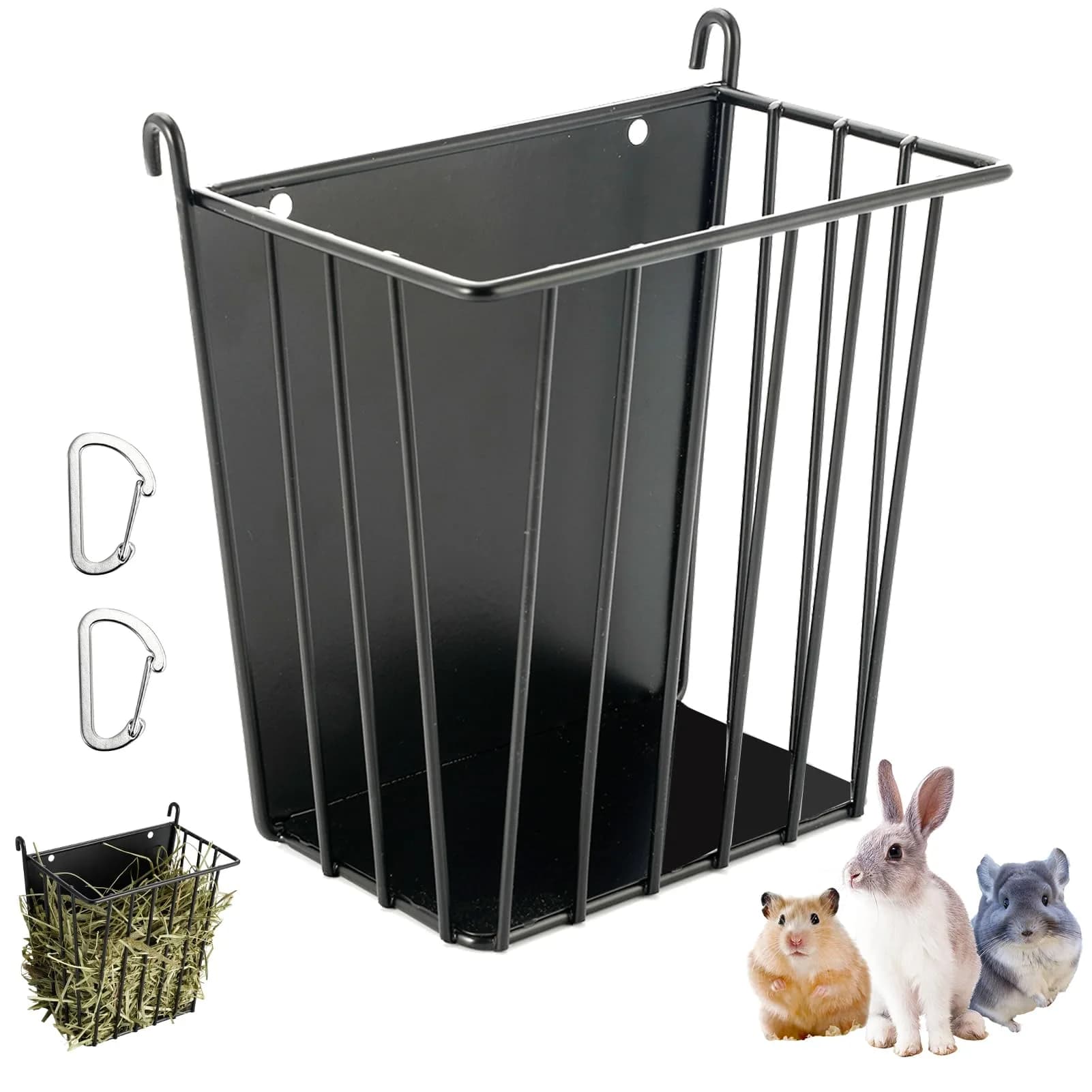 LUAVIARU Metal Hay Feeder Rack with Adjustable Hook for Rabbits, Guinea Pigs, Chinchillas (4-Pack, Black) - main product image