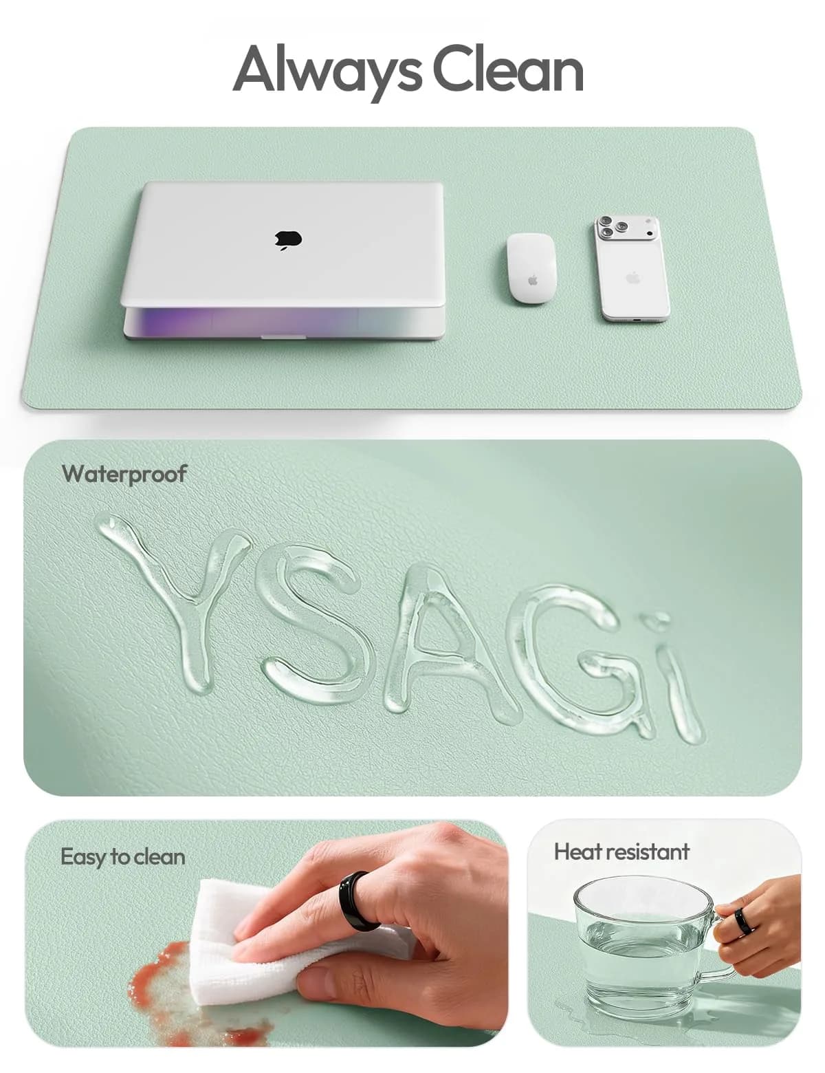 YSAGi Pale Green Desk Protector Pad with Large Mouse Mat, 35.4" x 17" | Protects Desks from Scratches, Stains, and Scuffs thumbnail 7