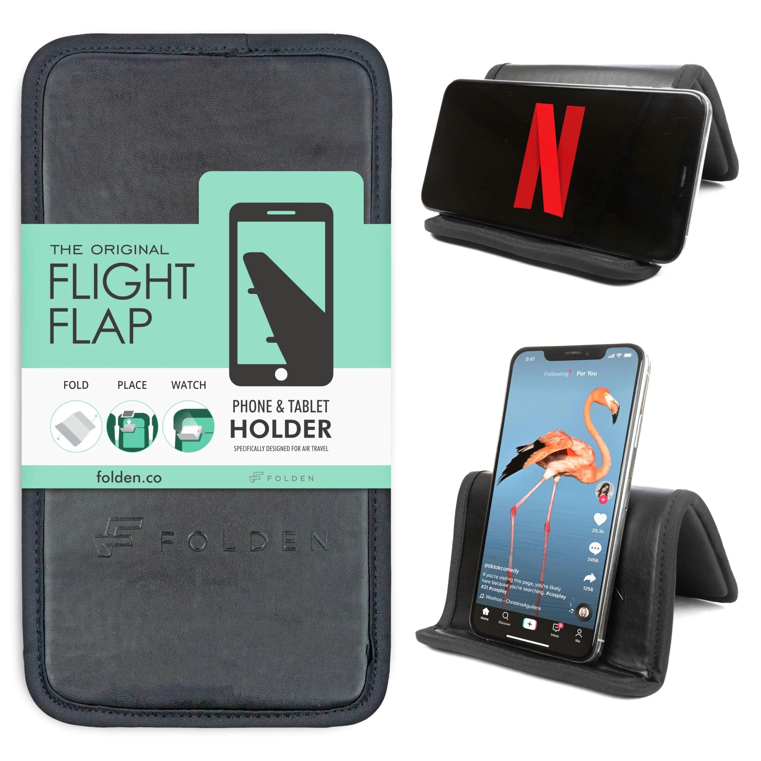Flight Flap Airplane Phone Holder - Foldable Phone Stand for Plane Travel | Flexible, Vegan Leather, Universal Compatibility