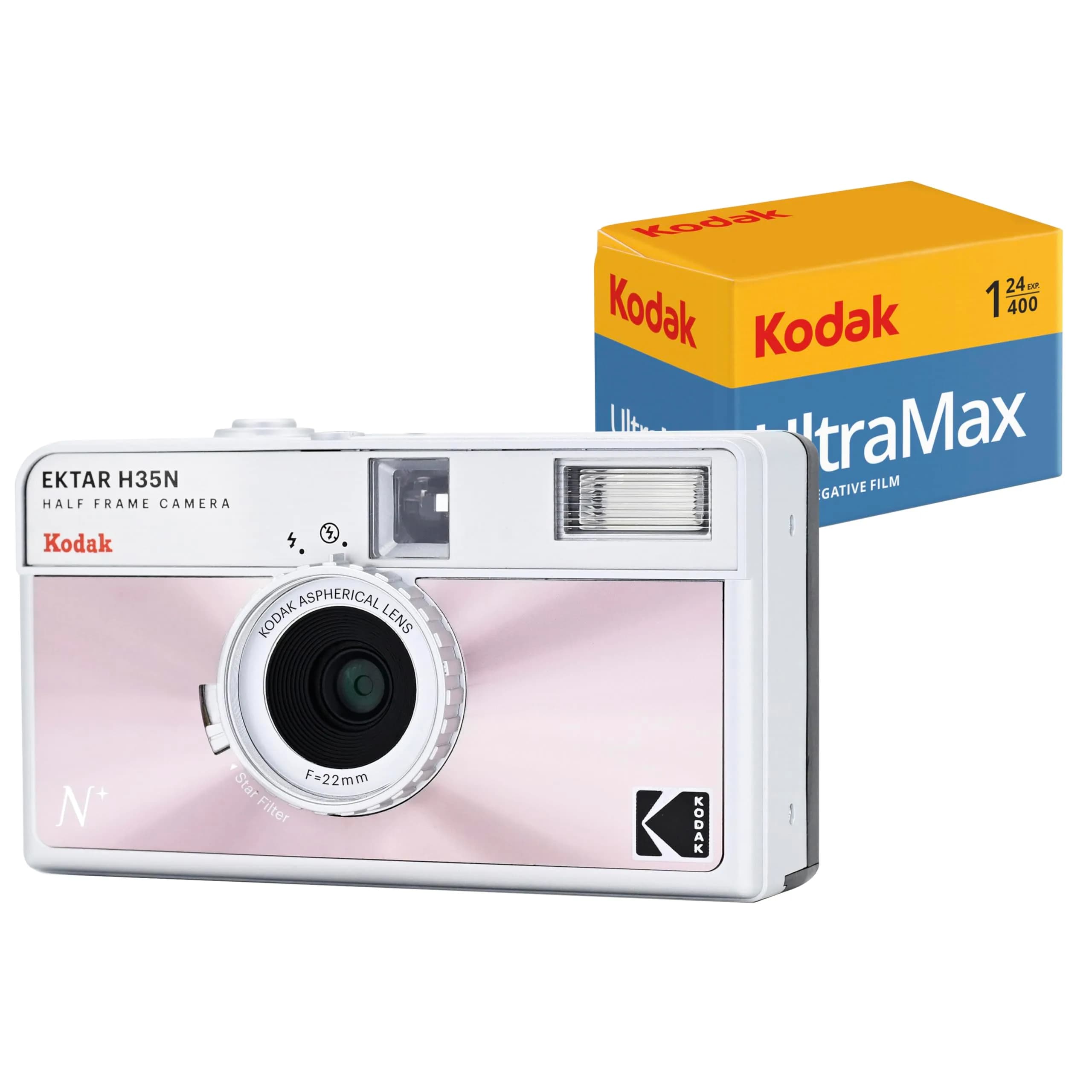 KODAK EKTAR H35N Half Frame Film Camera, 35mm, Reusable, Focus-Free, Bulb Function, Built-in Star Filter, Coated Improved Lens, Glazed Blue (110g) — Glazed Pink / Bundle