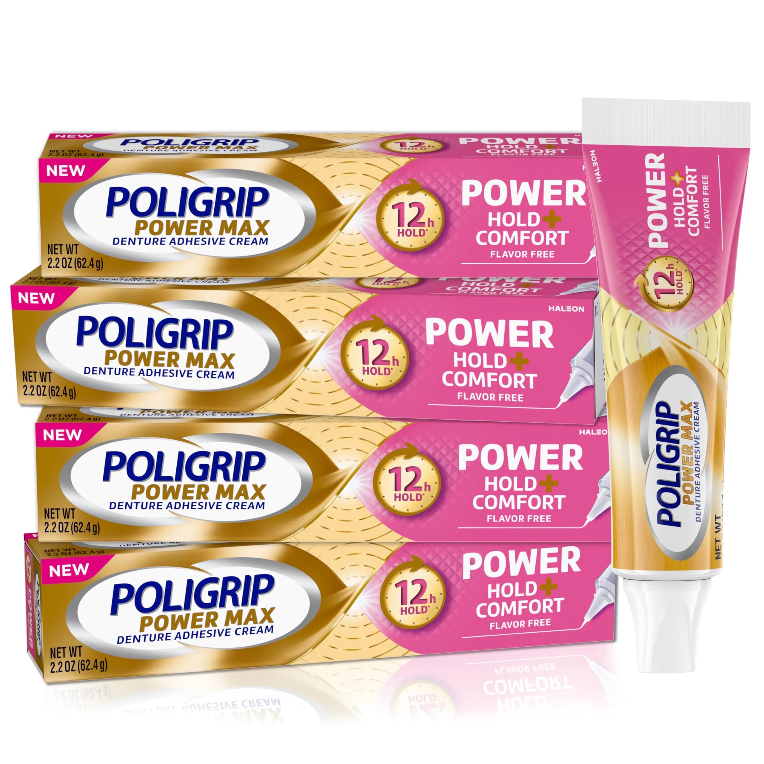 Poligrip Denture Adhesive Power Max Hold Plus Comfort | 4 Tubes 2.2 Oz Each - main product image
