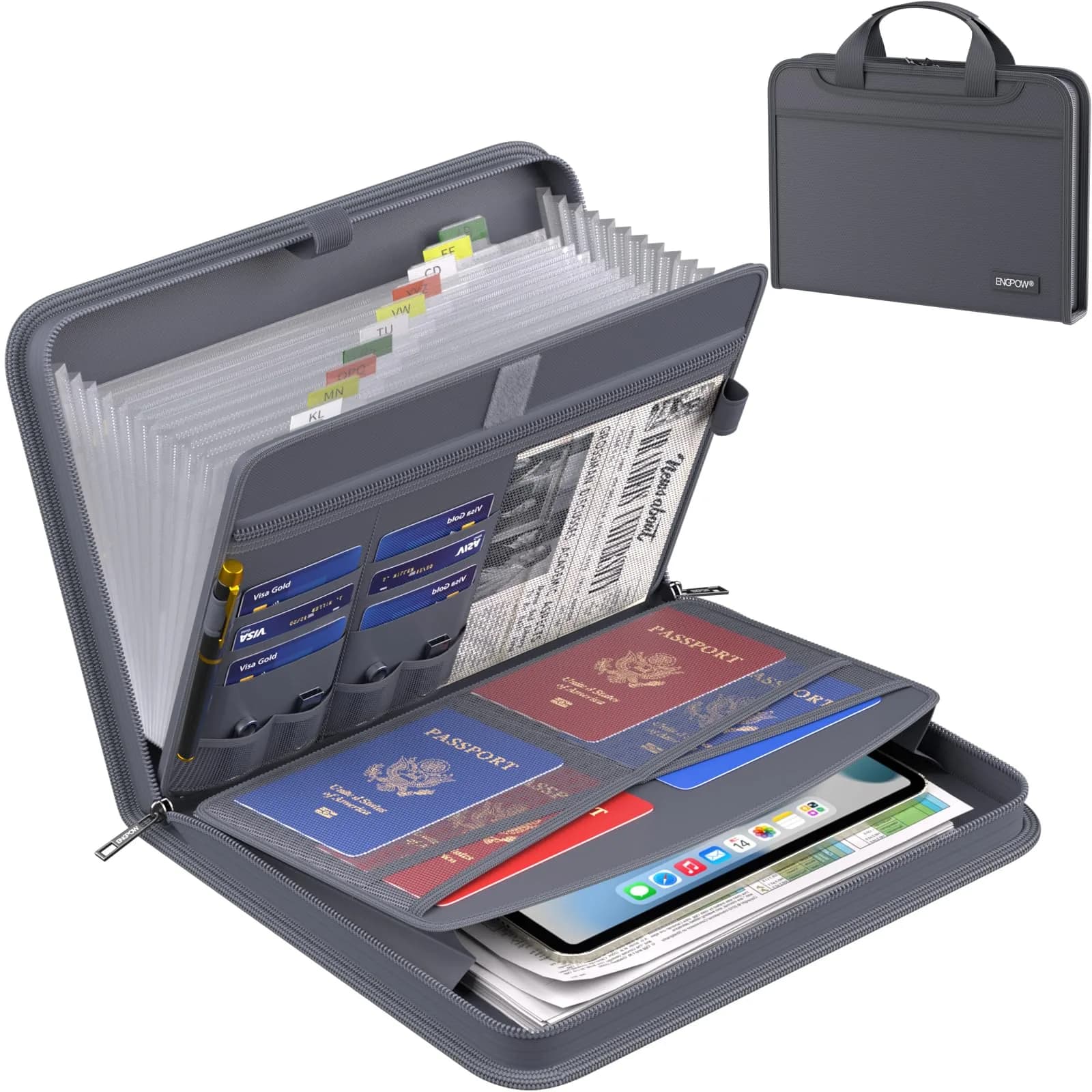 ENGPOW Fireproof Accordion File Organizer 14.2" x 10.4" x 2" | 13 Pockets with Handle & Labels — Gray