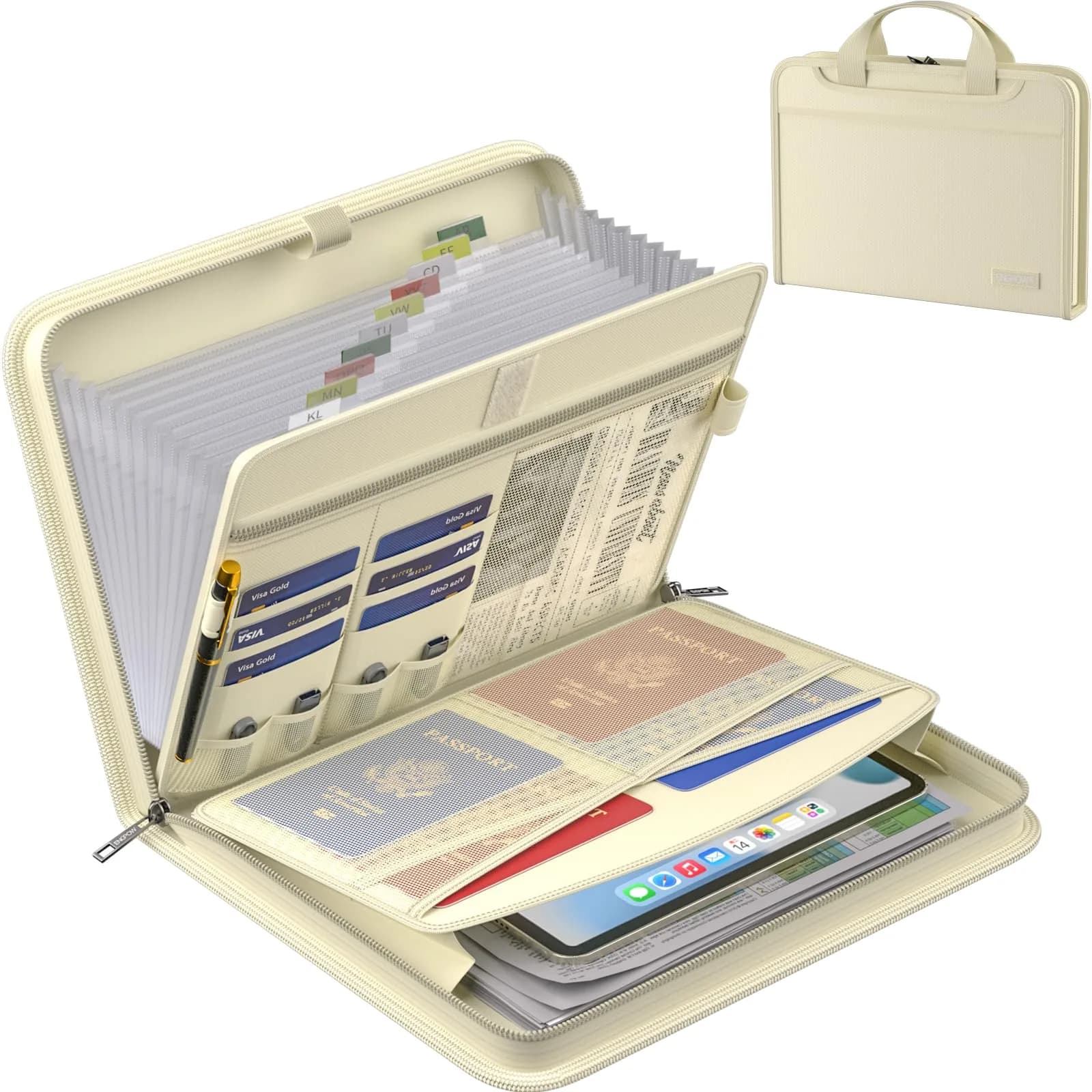 ENGPOW Fireproof Accordion File Organizer 14.2" x 10.4" x 2" | 13 Pockets with Handle & Labels — Beige / 14.2" x 10.4" x 2"
