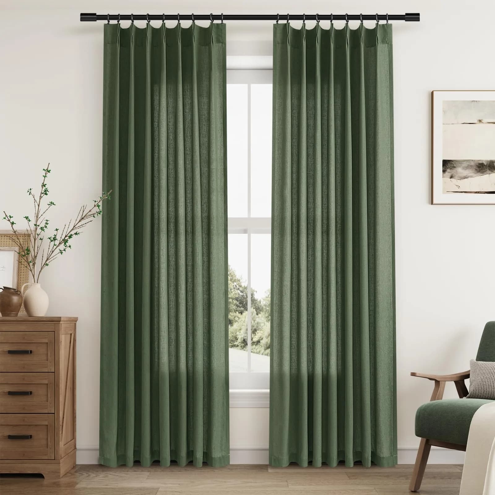 Aersas Olive Green Pinch Pleated Linen Curtains 84 Inches Long (2 Panels, 40"W x 84"L Each) | Light Filtering Boho Forest Hunter Moss Sheer Green Curtain