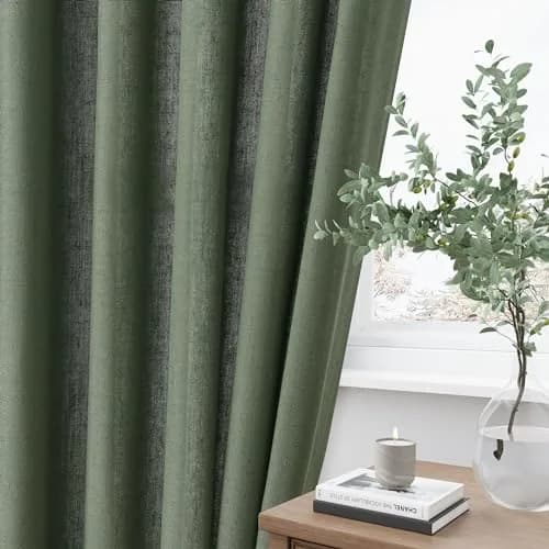 Aersas Olive Green Pinch Pleated Linen Curtains 84 Inches Long (2 Panels, 40"W x 84"L Each) | Light Filtering Boho Forest Hunter Moss Sheer Green Curtain thumbnail 8