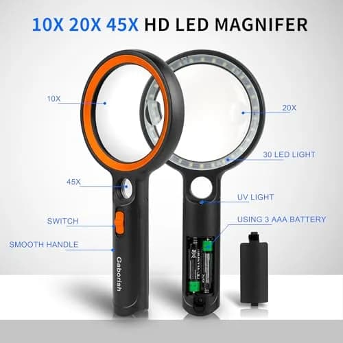GABORISH Handheld Illuminated Magnifying Glass with 30 LED Lights, 10X 20X 45X Magnification, 8.9cm (3.5 Inch) Lens | Visual Impairment Aid thumbnail 5