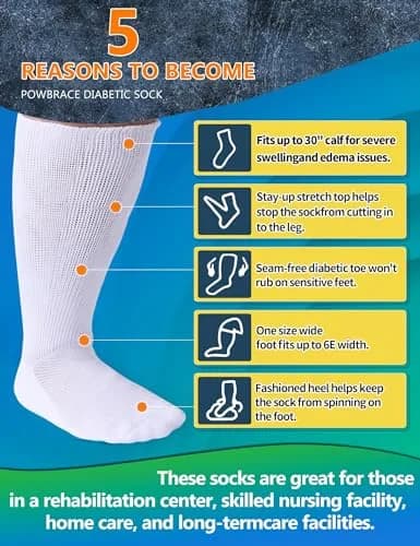 Powbrace Wide Diabetic Socks for Men Women Plus Size | Seamless Toe, Breathable, All-Black, 30-inch Stretch thumbnail 3