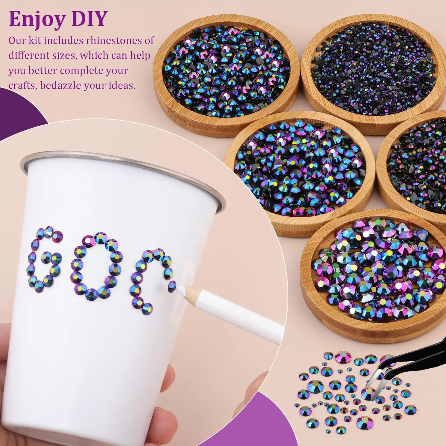TINKRSTUFF Purplish Black AB 3Pcs Craft Beads | Flatback Crystal Gems with Glue & Tools thumbnail 2
