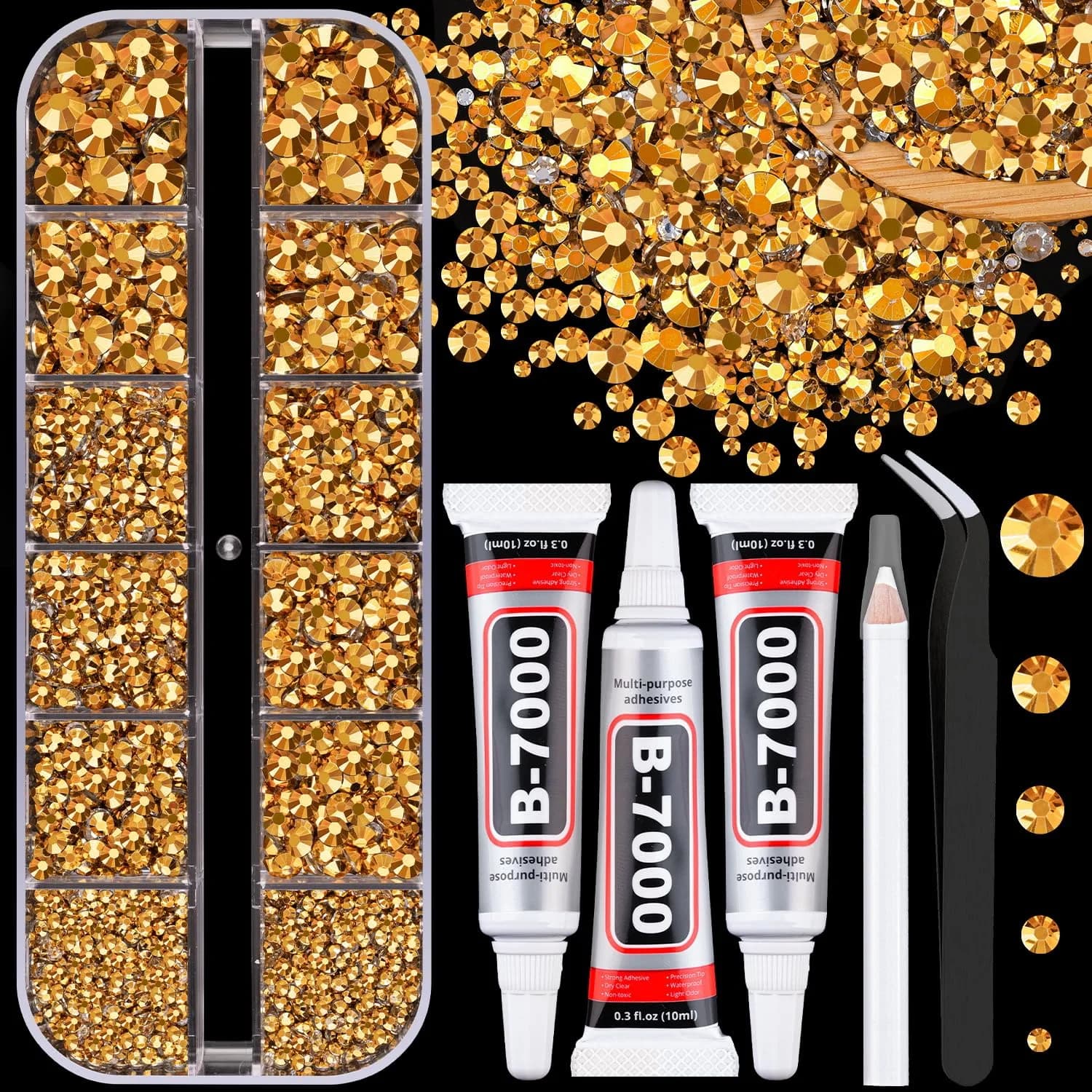 TINKRSTUFF Resin Jelly Rhinestones with B7000 Glue | Gold Flatback Crystals for Crafts & Nails (1 Box + 3x10ml Glue)
