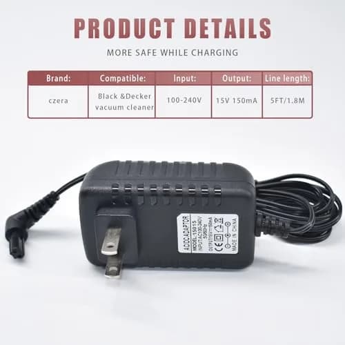 BOEEA 15V Charger for Black and Decker Dustbuster Handheld Vacuum HHVI315JO42 HHVI320JR02 HFVB320J27 HLVA320JS10 S003AQU1500015 Power Adapter, Black | 1.8m (6.5 ft) Cable thumbnail 7