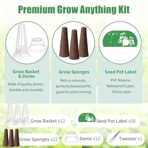 DRYADES Seed Pod Kit with 12 Grow Sponges, 12 Baskets, 12 Domes & 36 Labels | 72 Pcs Total thumbnail 3