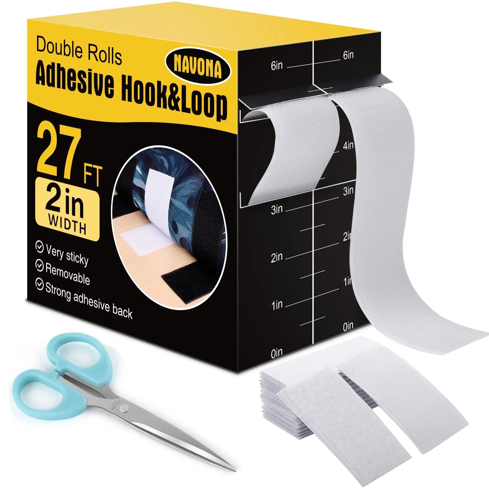 Navona Heavy Duty Hook and Loop Strips with Adhesive, 2 Inch x 54 Feet Total, White | Strong Sticky Back Fastener Roll for Home & Office