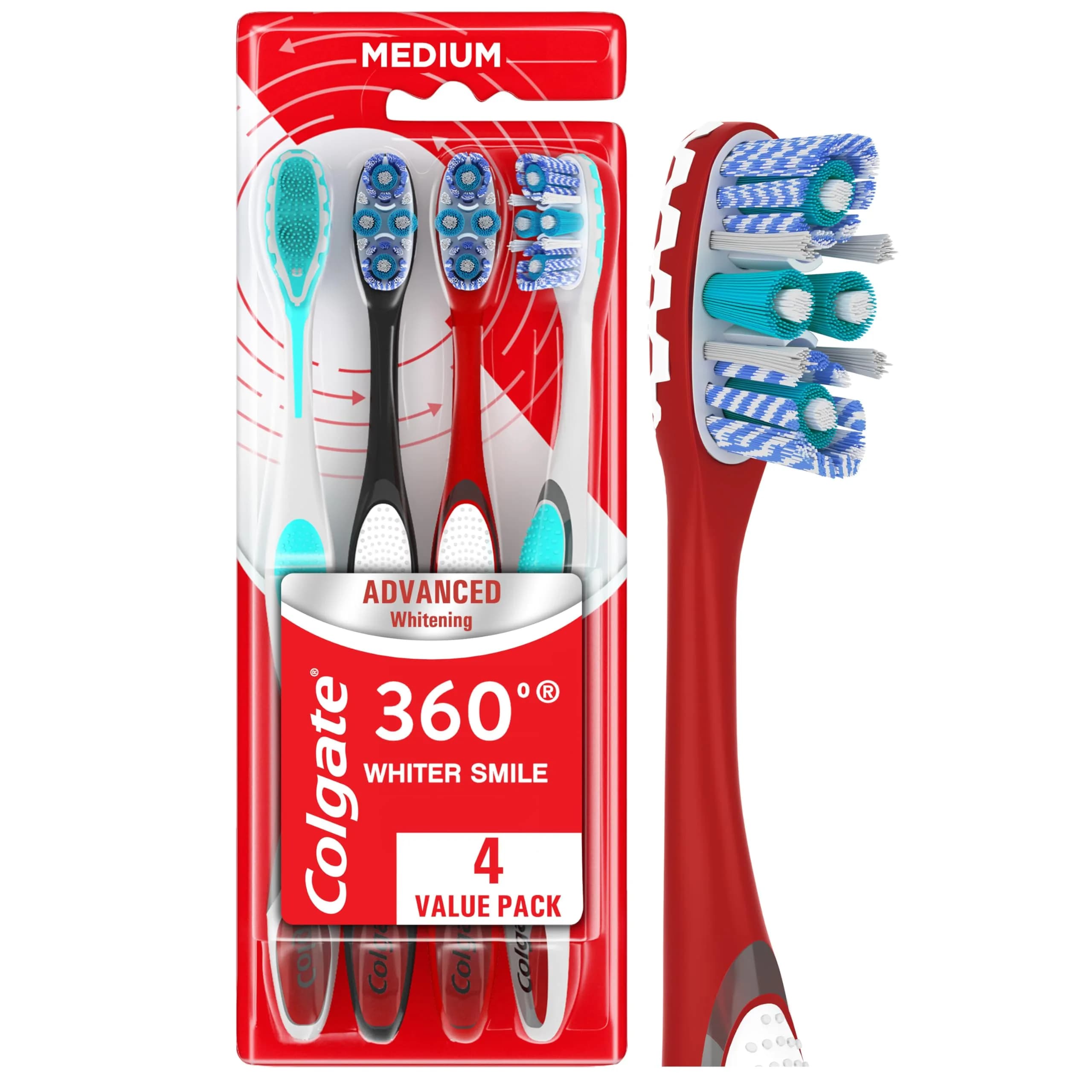 Colgate 360 Advanced Whitening Medium Toothbrush Pack, 4 Count | Spiral Bristles for Deep Clean