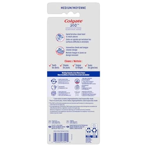 Colgate 360 Advanced Whitening Medium Toothbrush Pack, 4 Count | Spiral Bristles for Deep Clean thumbnail 8