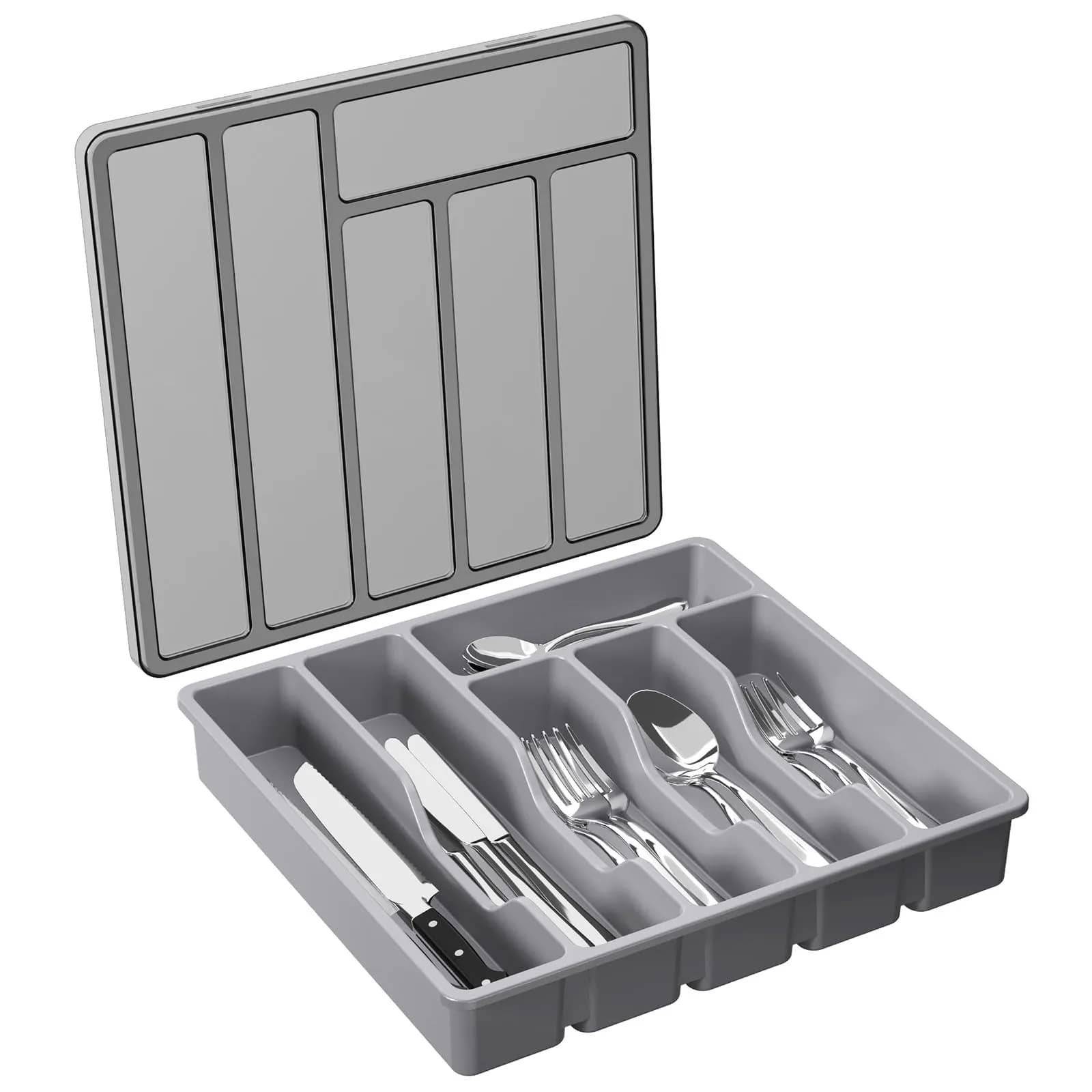 Lifewit Silverware Organizer with Lid, Covered Utensil Tray, 12.6x11.8 | Dust-Free Storage & 6 Compartments