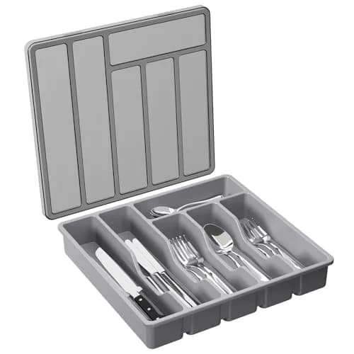 Lifewit Silverware Organizer with Lid, Covered Utensil Tray, 12.6x11.8 | Dust-Free Storage & 6 Compartments thumbnail 1