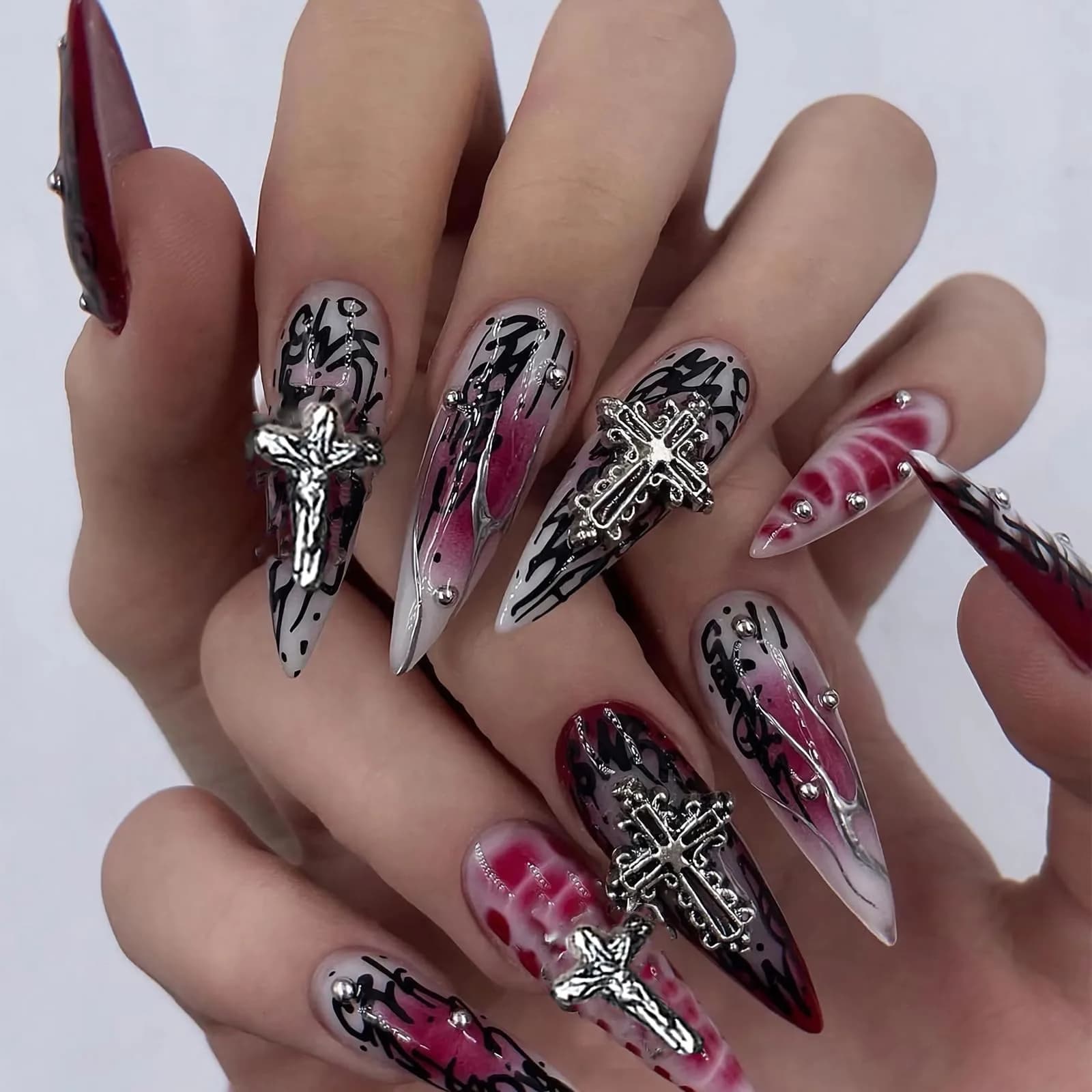 MISUD Press on Nails - Long Stiletto Goth Red Black | Acrylic Gothic Cross Design - main product image