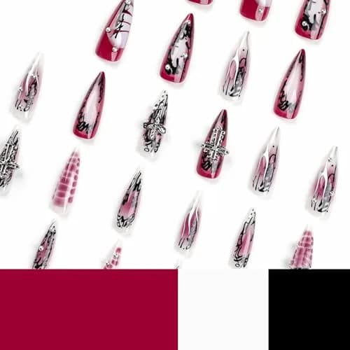MISUD Press on Nails - Long Stiletto Goth Red Black | Acrylic Gothic Cross Design thumbnail 5