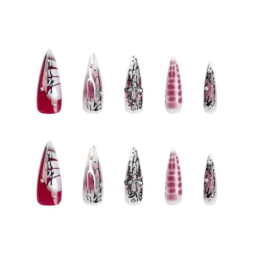 MISUD Press on Nails - Long Stiletto Goth Red Black | Acrylic Gothic Cross Design thumbnail 2