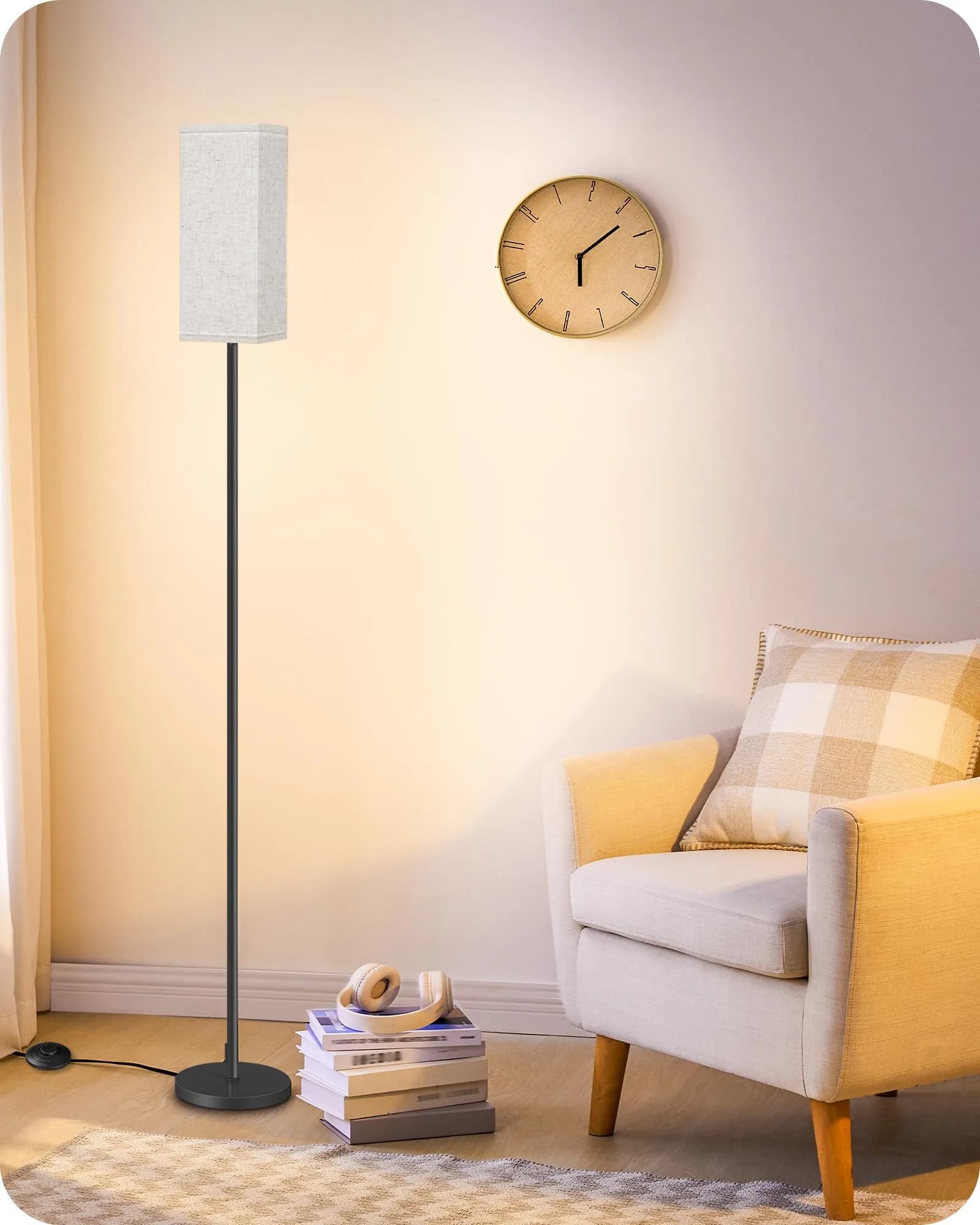 GOEBLESON 64.6" Floor Lamp, Modern Standing Lamp with Foot Switch, Minimalist Linen Shade, Black and Beige, for Living Room & Bedroom - main product image