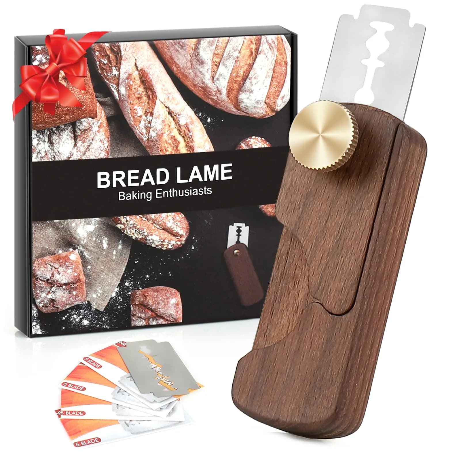HHZPAEK Magnetic Wooden Bread Lame Dough Scoring Tool | Handcrafted Sourdough Bread Knife with 5 Razor Blades - main product image