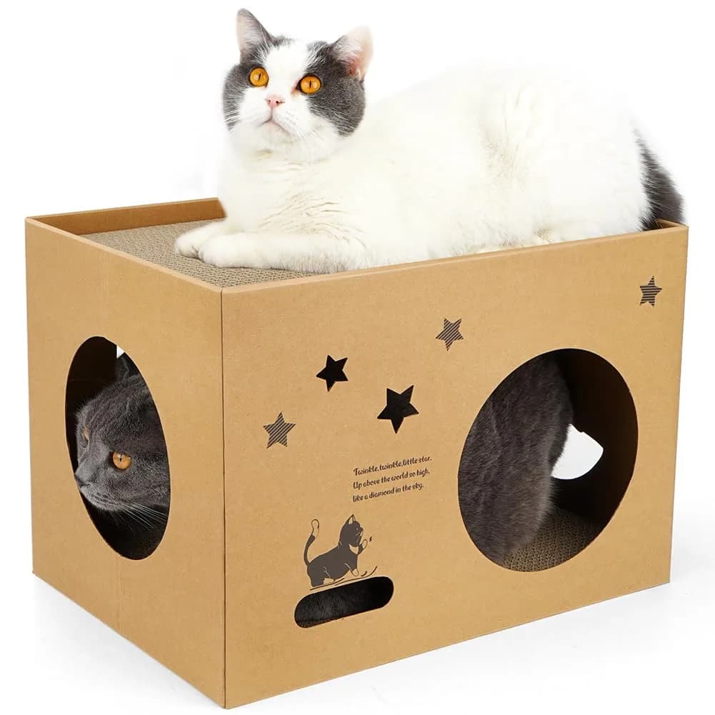 ARGOPET Cat Cardboard House with 2 Scratching Pads, 104cm x 61cm x 61cm (41"L x 24"W x 24"H) | Detachable Star Pattern Lounge - main product image