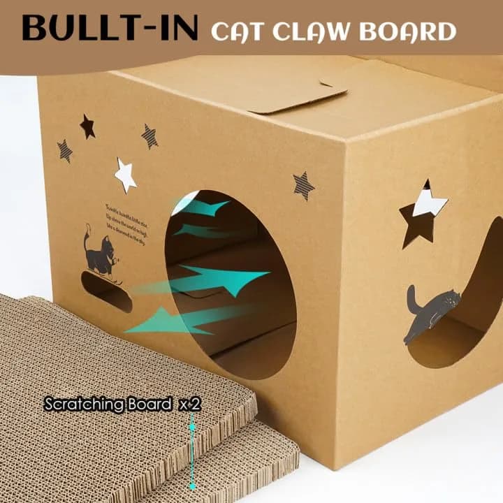 ARGOPET Cat Cardboard House with 2 Scratching Pads, 104cm x 61cm x 61cm (41"L x 24"W x 24"H) | Detachable Star Pattern Lounge thumbnail 3
