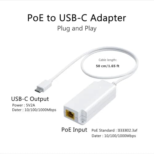 PROCET PoE System Gigabit PoE to USB-C Converter | 10W Charging & Ethernet Adapter thumbnail 2