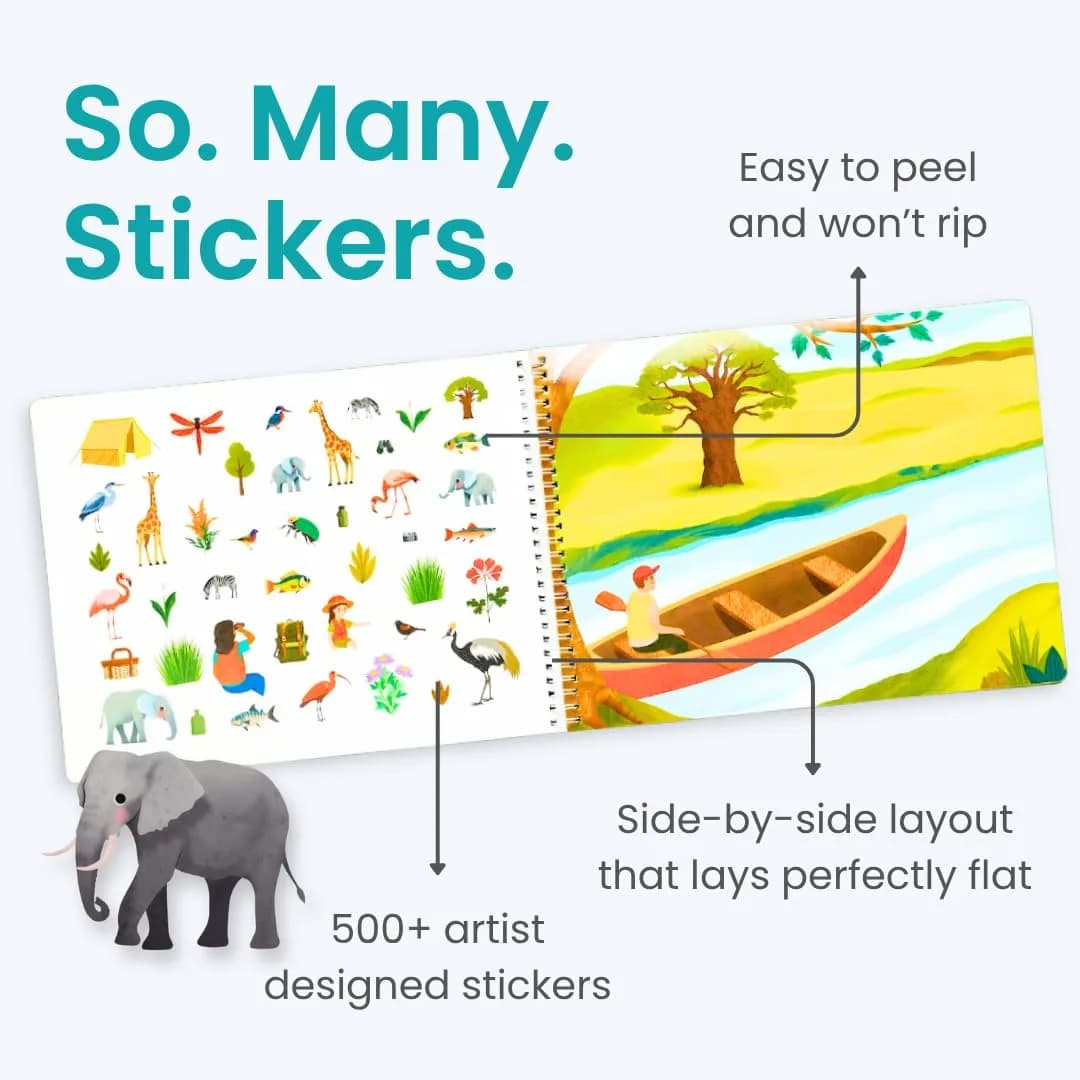 CUPKIN Safari Animals Sticker Book, Exploring the Safari, 500+ Stickers, 12 Scenes & 12 Coloring Pages | Toddler Travel Essentials thumbnail 2