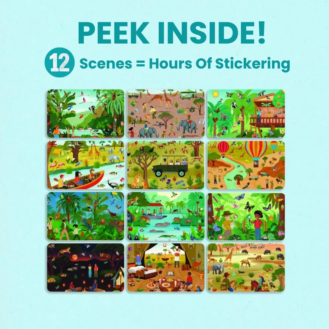 CUPKIN Safari Animals Sticker Book, Exploring the Safari, 500+ Stickers, 12 Scenes & 12 Coloring Pages | Toddler Travel Essentials thumbnail 5