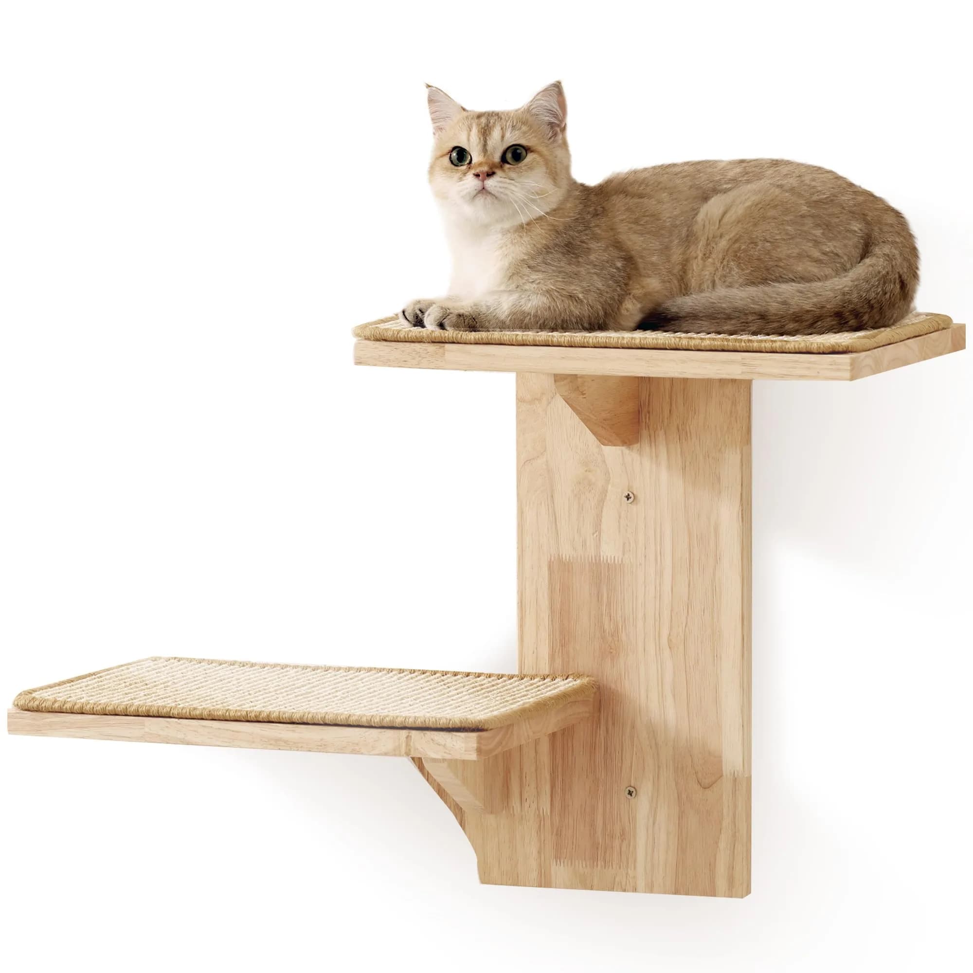 FUKUMARU Cat Wall Shelves, 2 Platform Tree Shape Wall-Mounted Shelf, Sisal Mat, Rubber Wood, Suitable for 16 Inch Drywall, Climb, Play, Nap - main product image