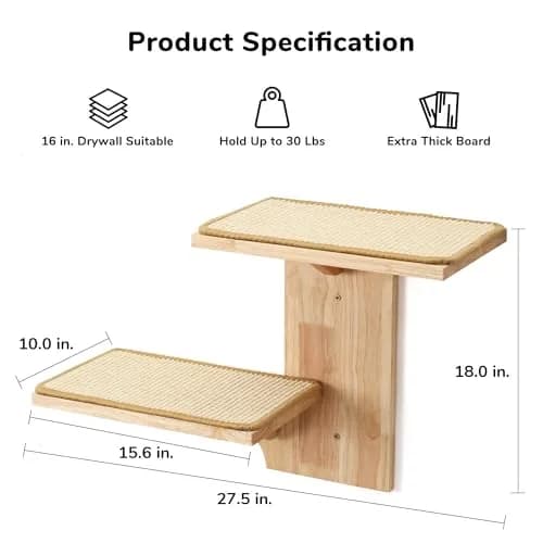 FUKUMARU Cat Wall Shelves, 2 Platform Tree Shape Wall-Mounted Shelf, Sisal Mat, Rubber Wood, Suitable for 16 Inch Drywall, Climb, Play, Nap thumbnail 4
