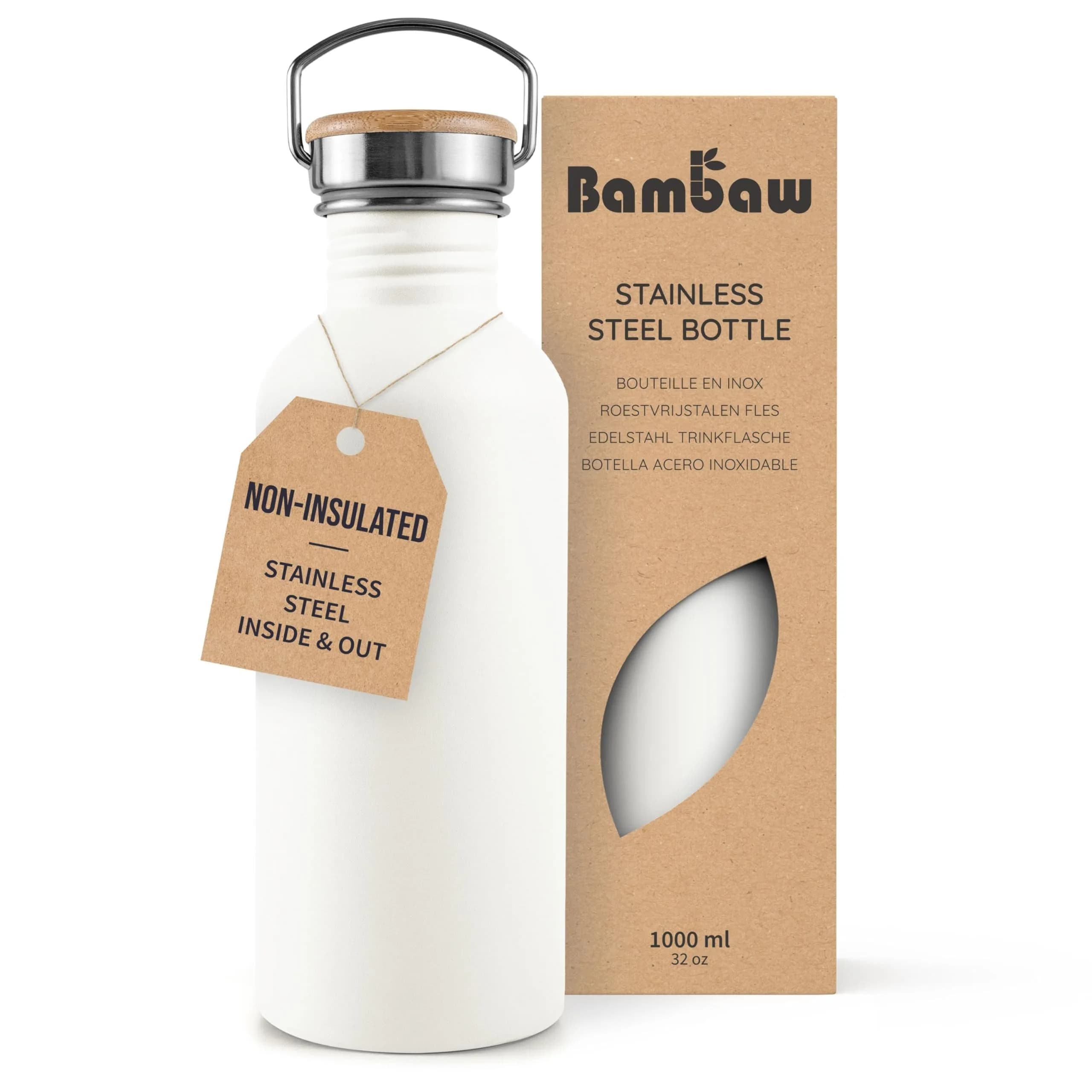 Bambaw Water Bottle 500 ml Eco Non-Insulated Stainless Steel Sports Bottle BPA-Free | Minimalist, Leakproof & Eco-Friendly — Polar White / 32 oz