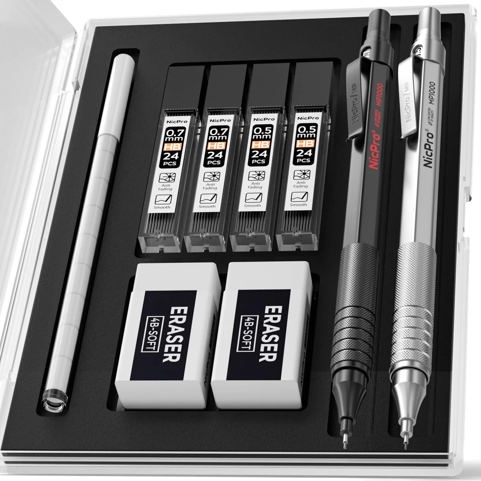 Nicpro MP1000 Series Mechanical Pencil Set 0.5mm & 0.7mm | Full Metal Body with Case & Refills — Silver,Black