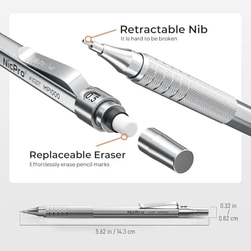 Nicpro Full Metal Mechanical Pencils 0.5mm & 0.7mm Set with Case | Smooth Writing & Drafting thumbnail 3