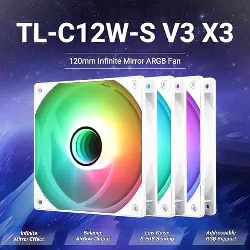 Thermalright TL-C12W-S V3 CPU Fan 120mm Case Cooler Fan ARGB, 4pin PWM, Silent, 3-Pack | Mirror Light Effect with S-FDB Bearing thumbnail 2