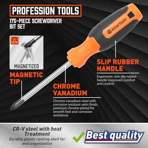 Amartisan 175-Piece Magnetic Screwdriver Set with Plastic Racking & Tools | 6150 Cr-V Steel Shafts thumbnail 4