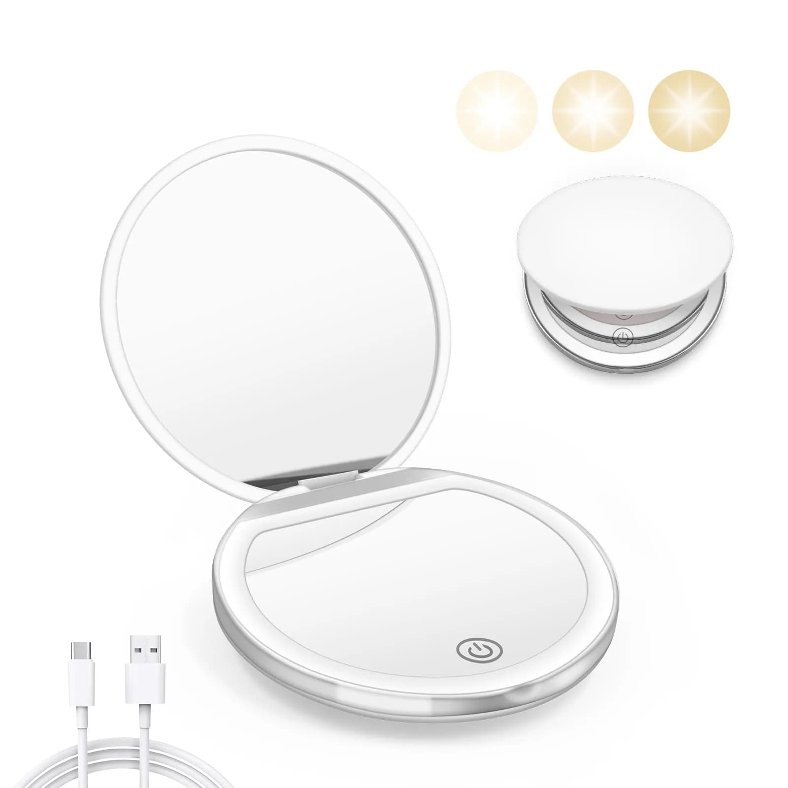 Kakuje White Compact Mirror with Light, 1X/3X Magnification LED Pocket Mirror 7.9cm (3.1") | Illuminated for Perfect Makeup