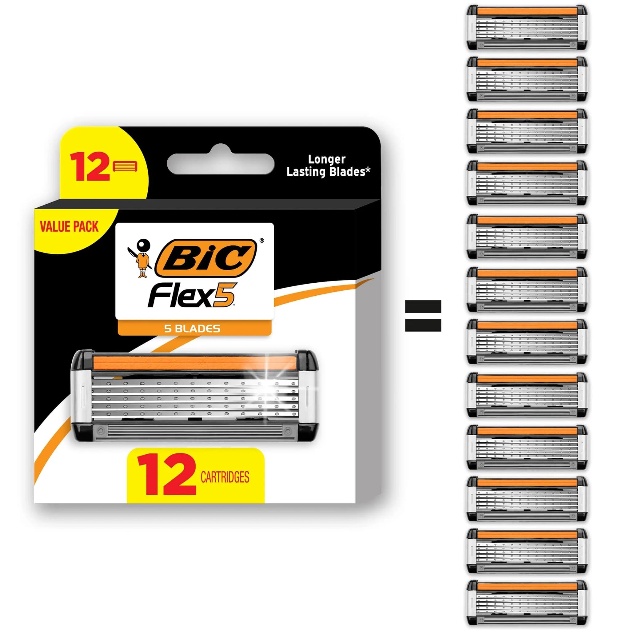 BIC Flex 5 Men's Refillable 5-Blade Razor with 7 Cartridges & Edging Blade | 91 Shaves Total — 12 Cartridges