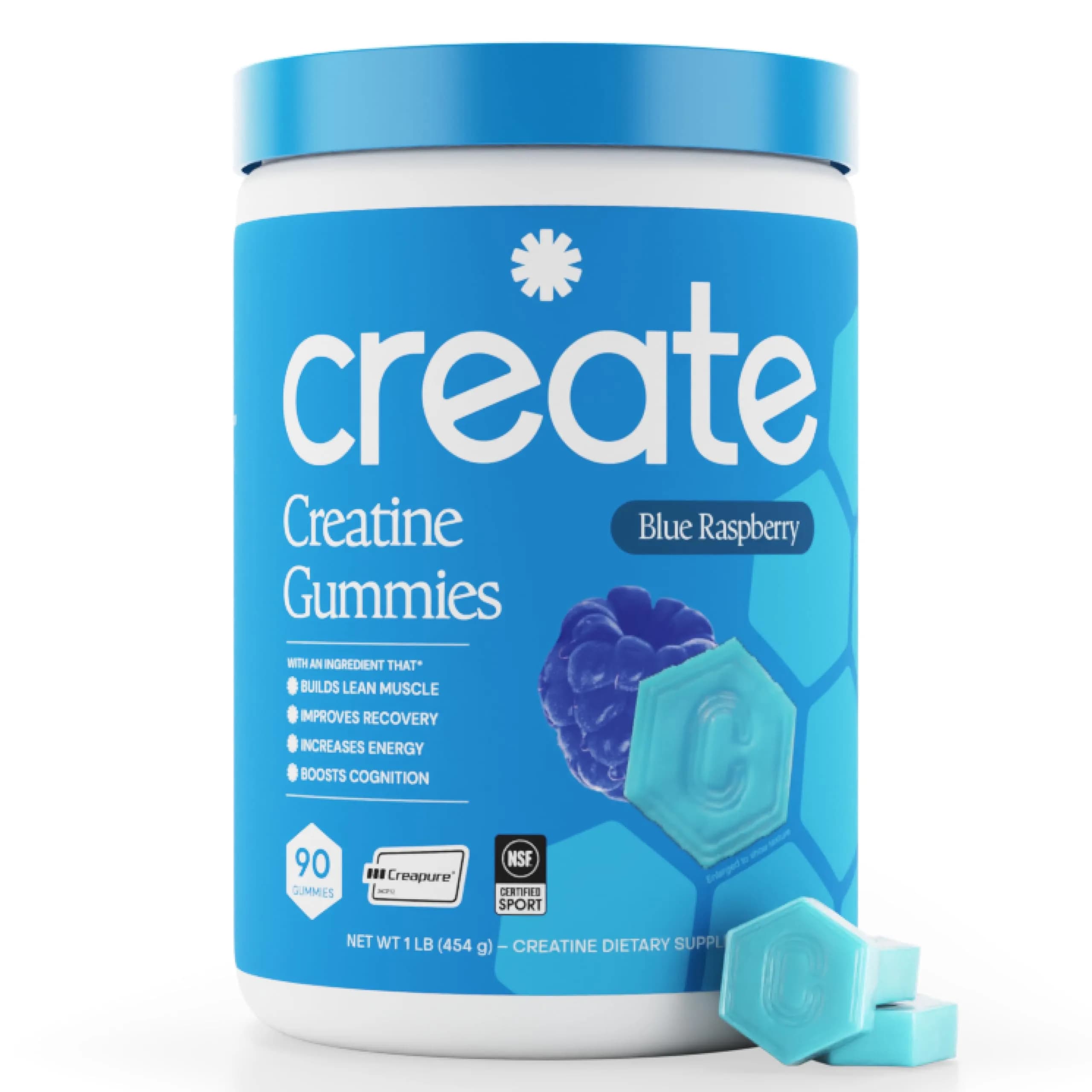 Create Creatine Monohydrate Gummies for Men & Women, Boost Focus, Strength, and Endurance, Anti-Melting Formula, Vegan, Gluten-Free, Non-GMO, 1.5g of Creatine per Gummy (Sour Green Apple) | 90 Count — Blue Raspberry