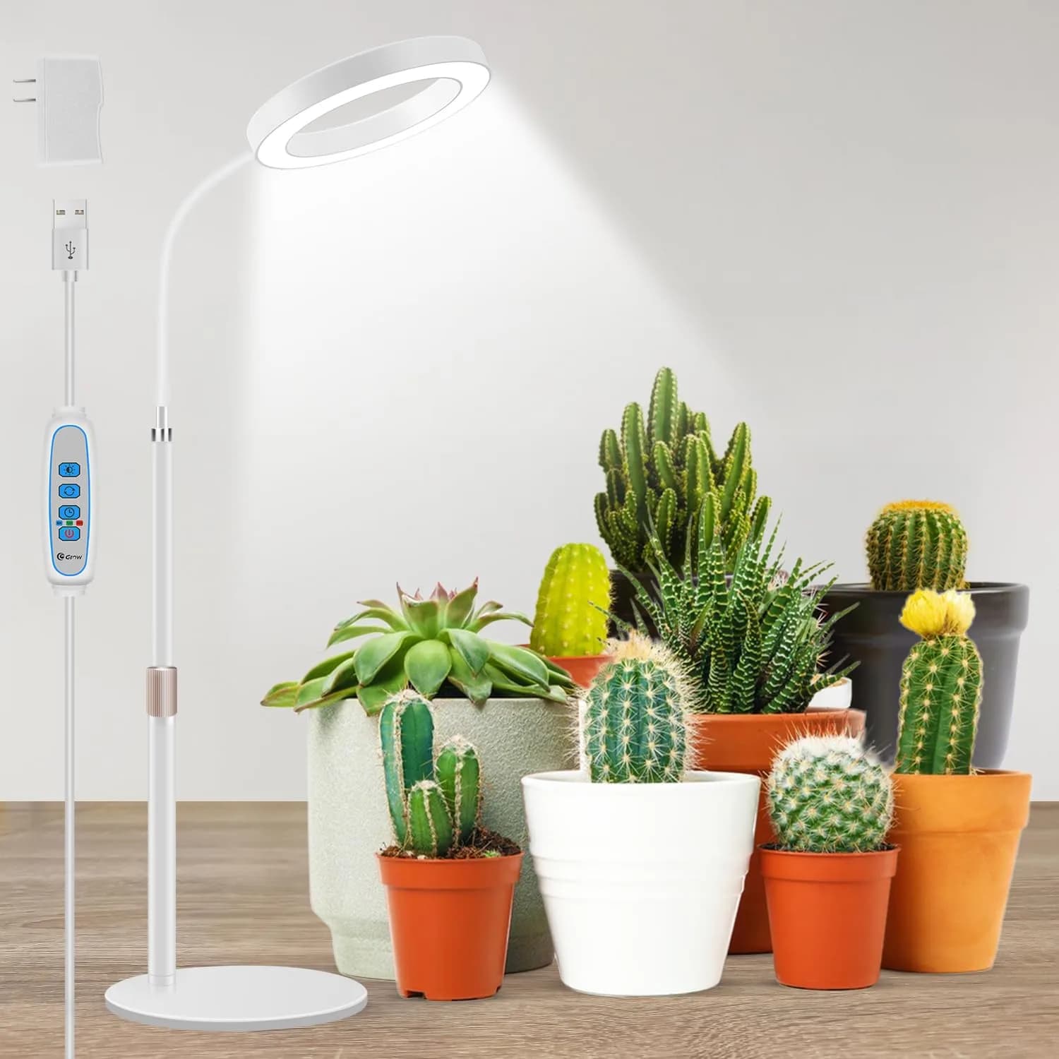 Aumtrly Full Spectrum LED Grow Light with 175cm (68") Stand & Dual Heads | 168 LEDs, 3 Color Modes, 5-Level Dimming, 16-Hour Timer — White