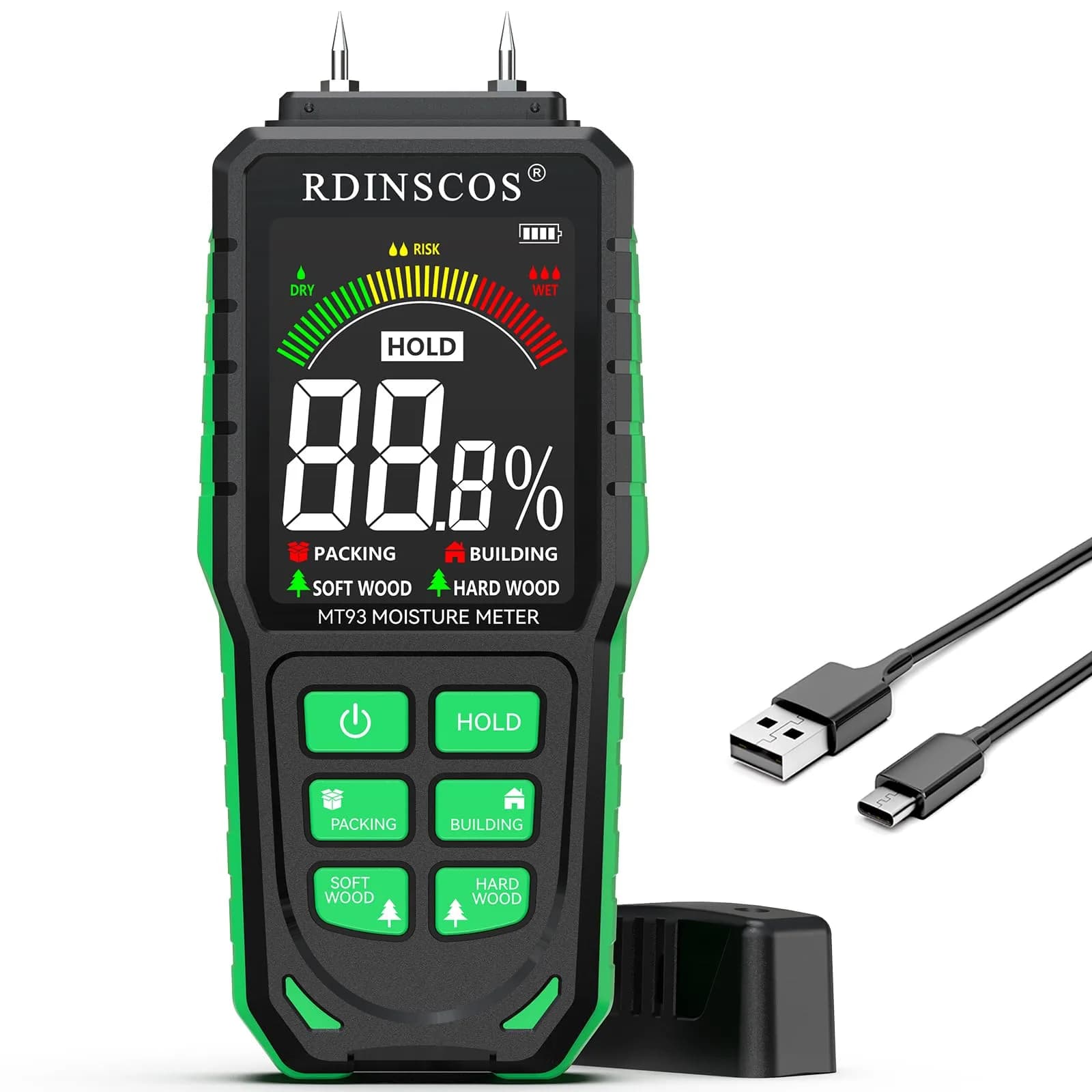 RDINSCOS Digital Moisture Meter for Wood, Drywall & Building Materials | Pin-Type Moisture Detector with 4 Modes & LCD Display — MT93