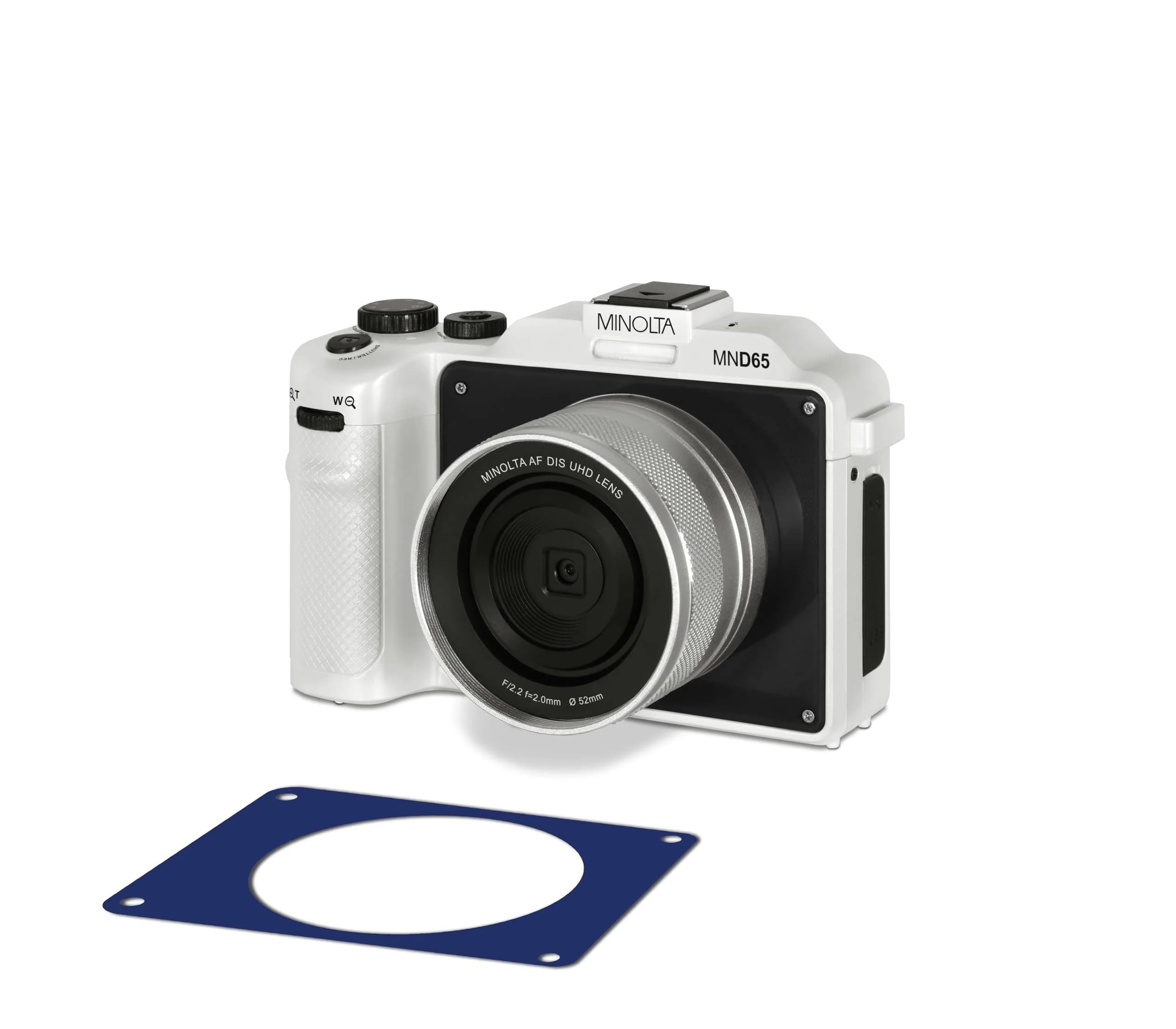 Minolta MND65 56MP Camera | 4K 60FPS Video, Dual-Lens Selfie, 18X Zoom, Compact Gray — White With Red Faceplate