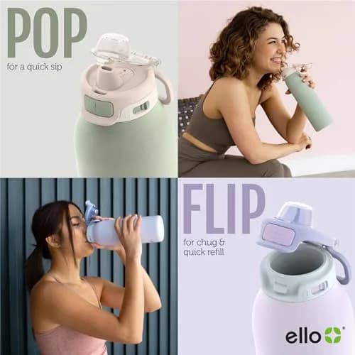 Ello Pop & Fill Insulated Stainless Steel Water Bottle 650ml (22oz) | Sip or Chug, Pistachio thumbnail 3