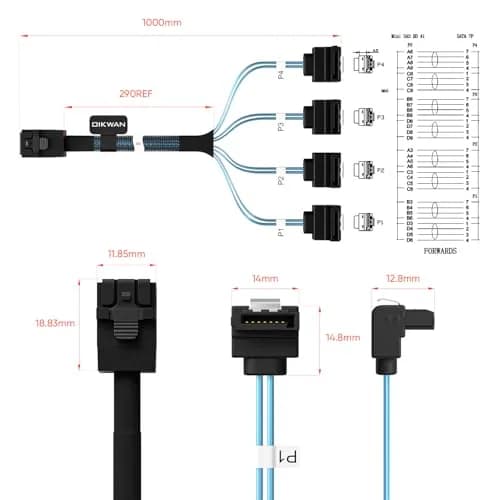 OIKWAN Internal HD Mini SAS to SATA Right Angle Cable, 1.6ft (0.49m) SFF-8643 to 4X SATA thumbnail 4