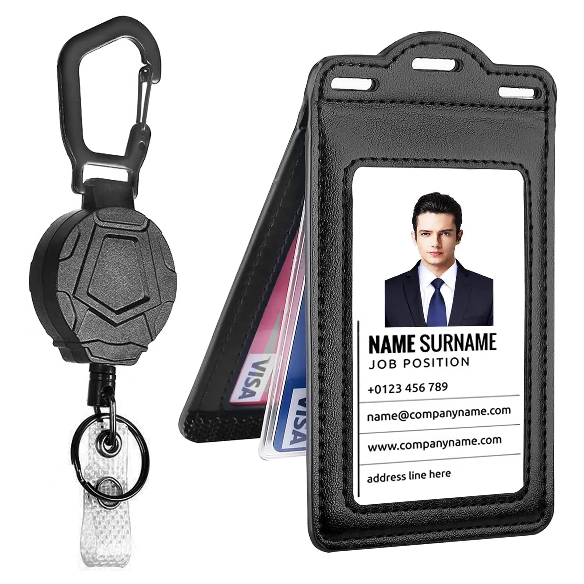 Ouessila Leather Badge Holder with Retractable Reel & 6 Card Slots | Double-Sided Clear ID Protector — Retractable & Double-sided Clear