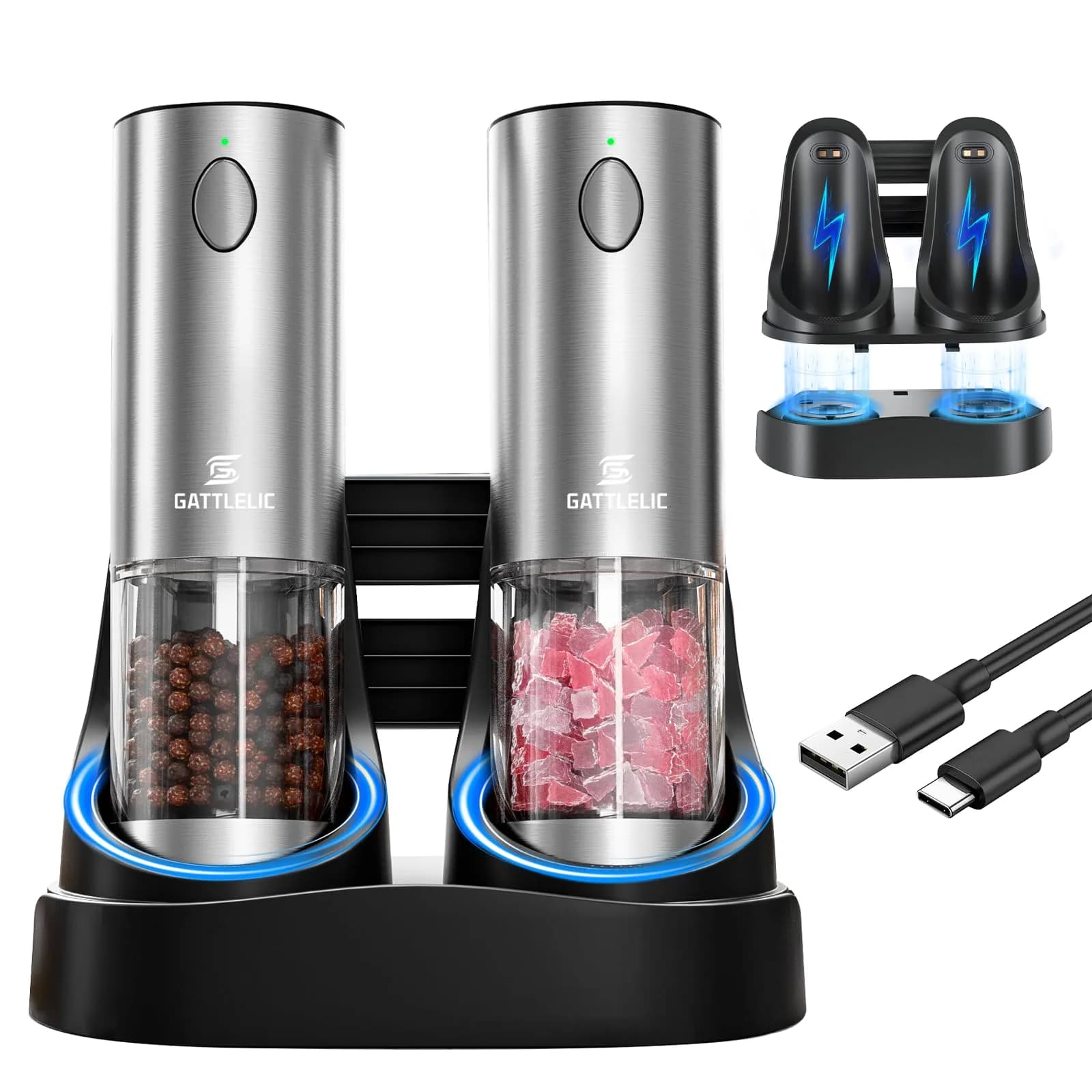 GATTLELIC Electric Salt and Pepper Grinder Set, 95ml Capacity | Rechargeable, Adjustable Coarseness, LED Light (en_US) - main product image