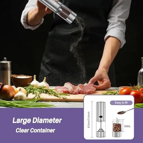 GATTLELIC Electric Salt and Pepper Grinder Set, 95ml Capacity | Rechargeable, Adjustable Coarseness, LED Light (en_US) thumbnail 6